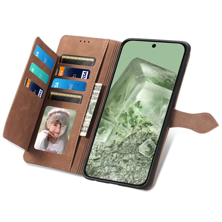 For Google Pixel 8a Case PU Leather Zipper Wallet Phone Cover Flower Pattern - Brown