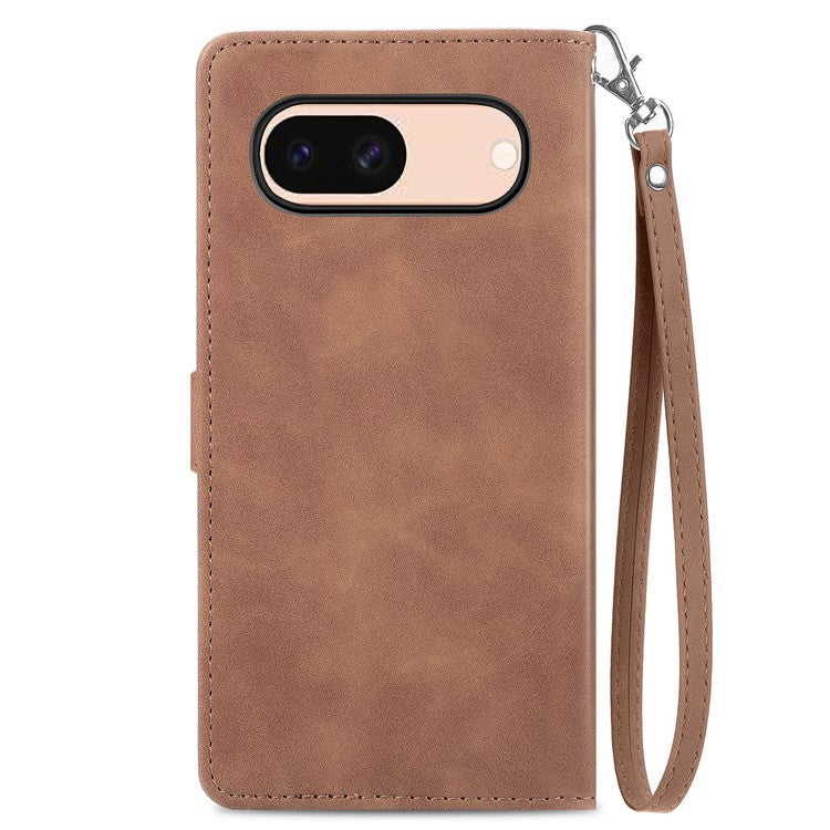 For Google Pixel 8a Case PU Leather Zipper Wallet Phone Cover Flower Pattern - Brown