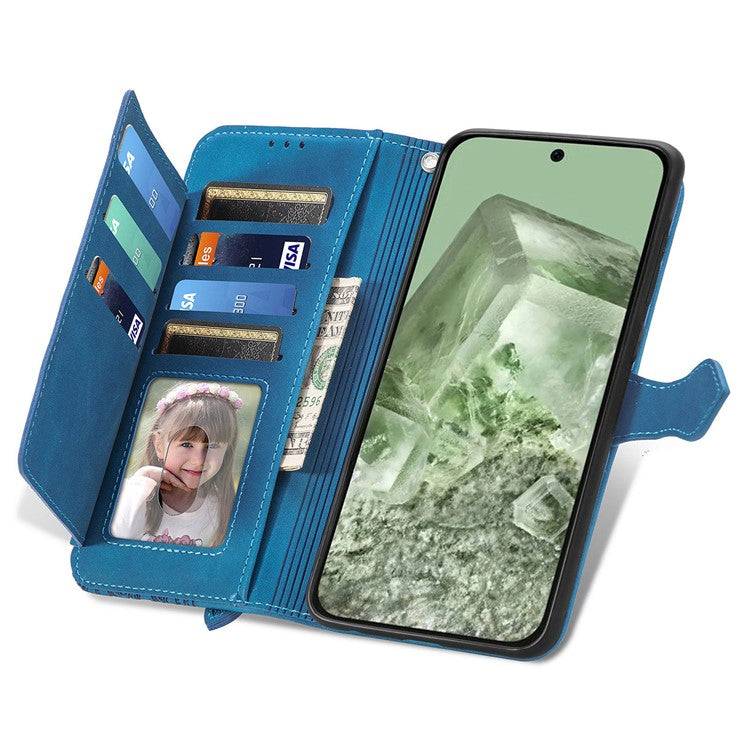 For Google Pixel 8a Case PU Leather Zipper Wallet Phone Cover Flower Pattern - Blue