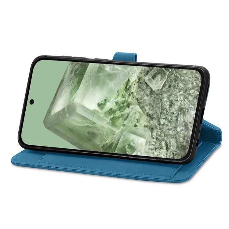 For Google Pixel 8a Case PU Leather Zipper Wallet Phone Cover Flower Pattern - Blue