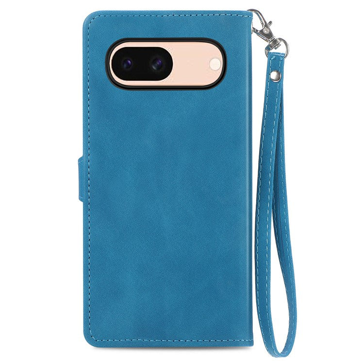 For Google Pixel 8a Case PU Leather Zipper Wallet Phone Cover Flower Pattern - Blue