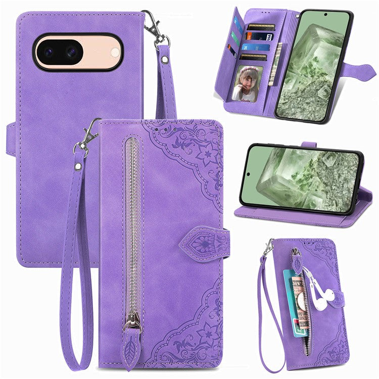 For Google Pixel 8a Case PU Leather Zipper Wallet Phone Cover Flower Pattern - Light Purple