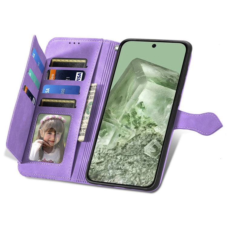 For Google Pixel 8a Case PU Leather Zipper Wallet Phone Cover Flower Pattern - Light Purple