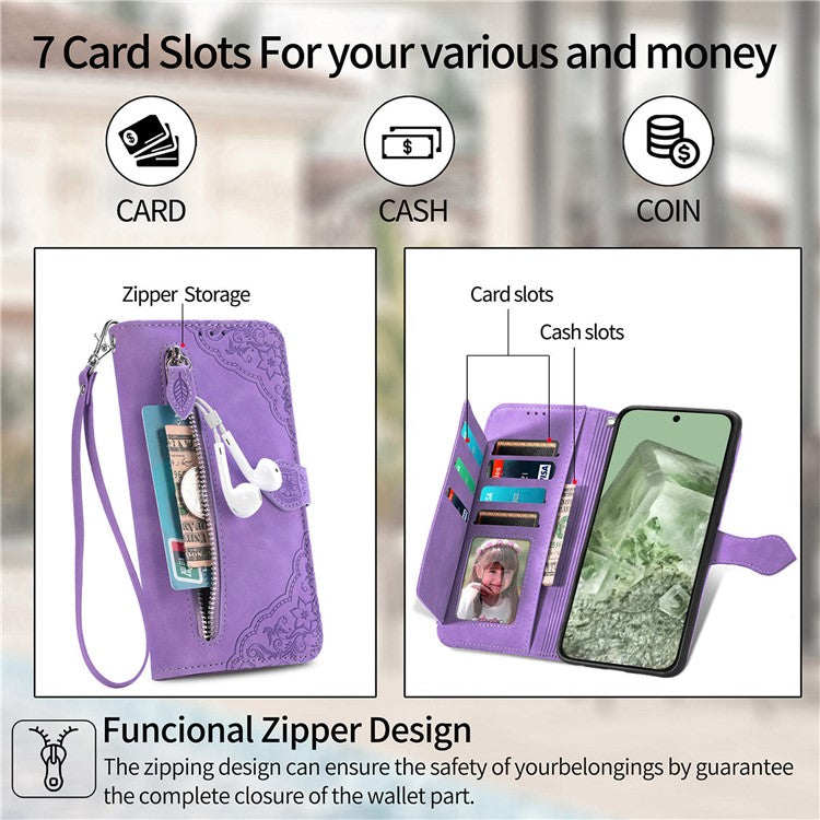 For Google Pixel 8a Case PU Leather Zipper Wallet Phone Cover Flower Pattern - Light Purple