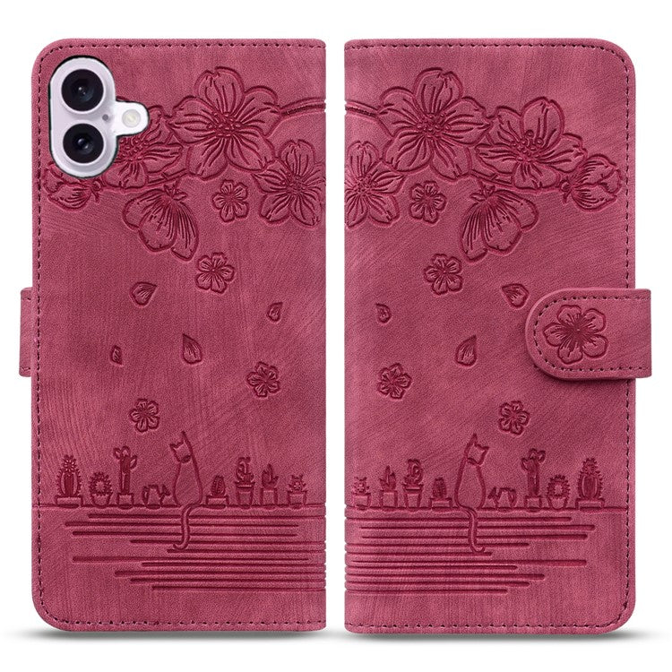 For iPhone 16 Case Cartoon Cat Pattern Card Holder Leather Phone Cover - Wine Red