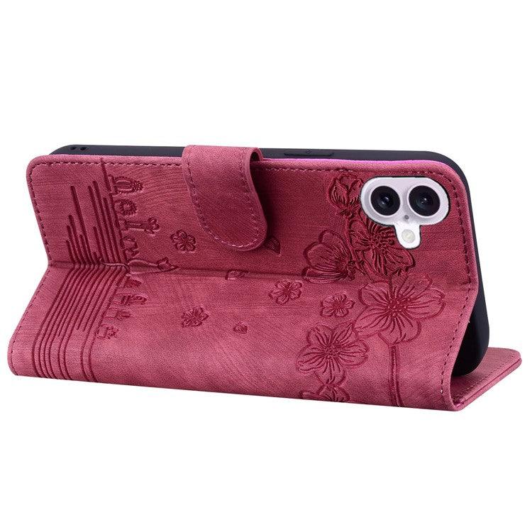 For iPhone 16 Case Cartoon Cat Pattern Card Holder Leather Phone Cover - Wine Red