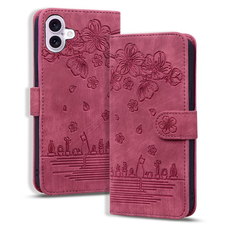 For iPhone 16 Case Cartoon Cat Pattern Card Holder Leather Phone Cover - Wine Red