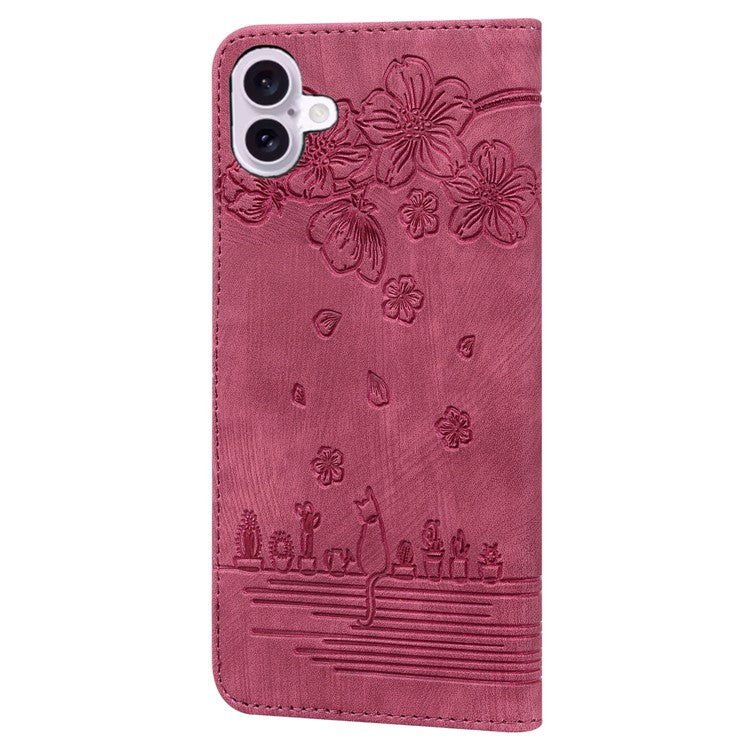 For iPhone 16 Case Cartoon Cat Pattern Card Holder Leather Phone Cover - Wine Red
