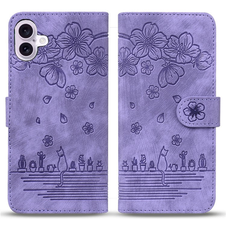 For iPhone 16 Plus Case Flower Cat Imprinted Leather Phone Cover with Card Holder Wallet - Purple