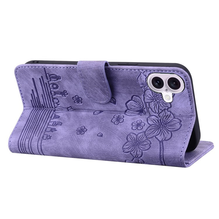 For iPhone 16 Plus Case Flower Cat Imprinted Leather Phone Cover with Card Holder Wallet - Purple