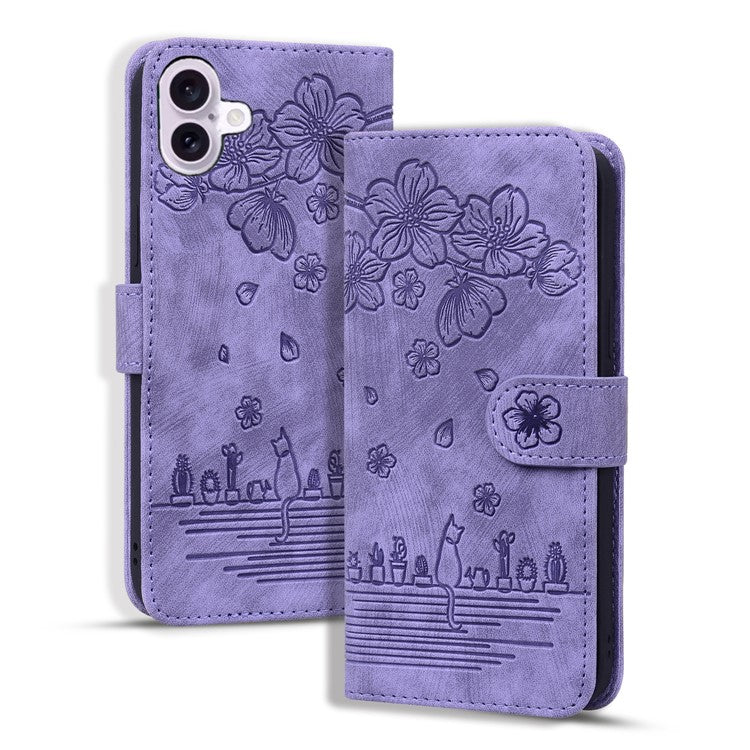 For iPhone 16 Plus Case Flower Cat Imprinted Leather Phone Cover with Card Holder Wallet - Purple