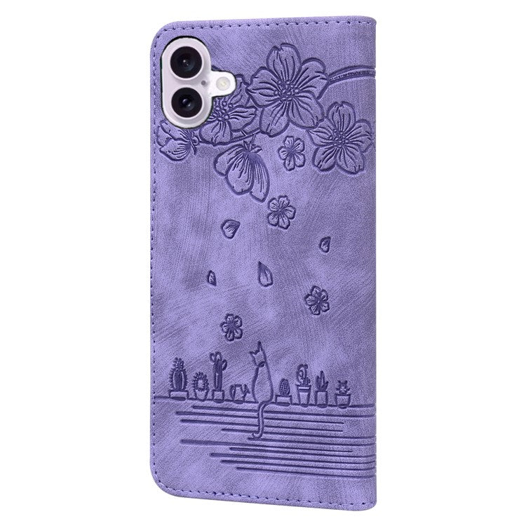 For iPhone 16 Plus Case Flower Cat Imprinted Leather Phone Cover with Card Holder Wallet - Purple