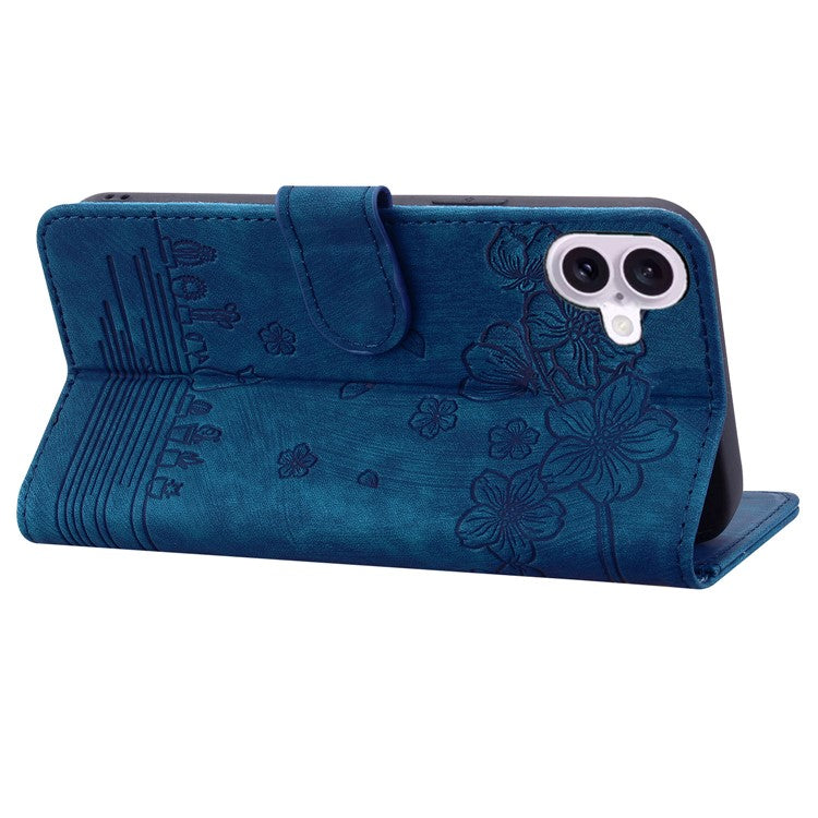 For iPhone 16 Plus Case Flower Cat Imprinted Leather Phone Cover with Card Holder Wallet - Blue