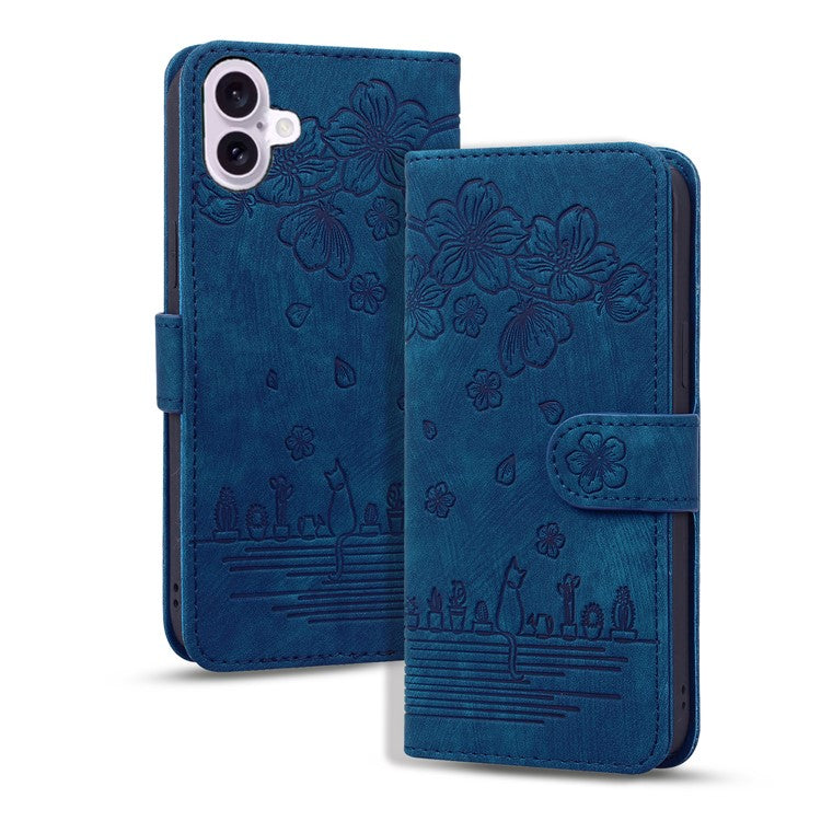 For iPhone 16 Plus Case Flower Cat Imprinted Leather Phone Cover with Card Holder Wallet - Blue