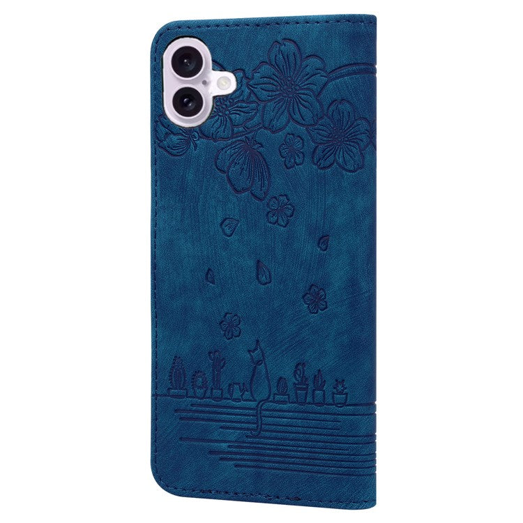 For iPhone 16 Plus Case Flower Cat Imprinted Leather Phone Cover with Card Holder Wallet - Blue