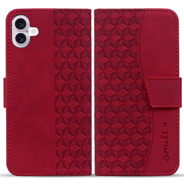 For iPhone 16 Case Rhombus Pattern Leather Phone Cover Wallet Stand Flip - Wine Red