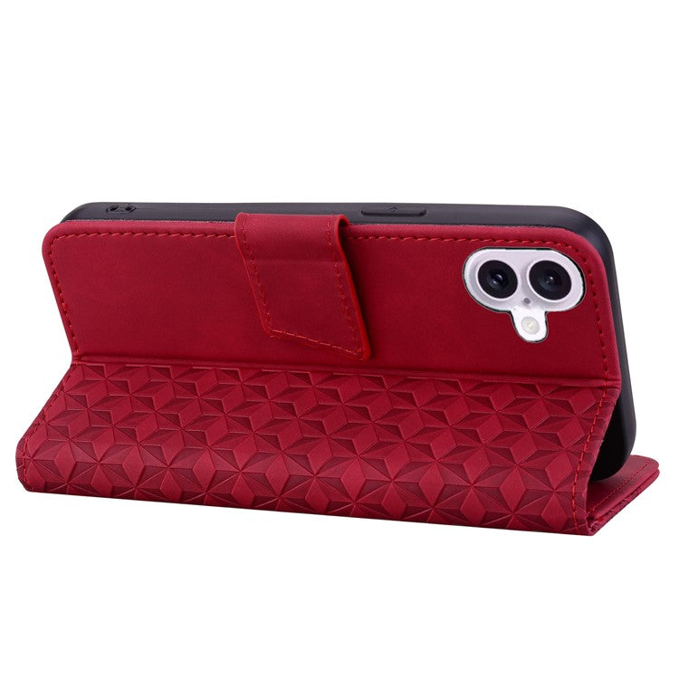 For iPhone 16 Case Rhombus Pattern Leather Phone Cover Wallet Stand Flip - Wine Red