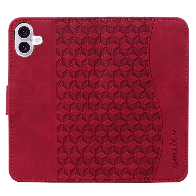 For iPhone 16 Case Rhombus Pattern Leather Phone Cover Wallet Stand Flip - Wine Red