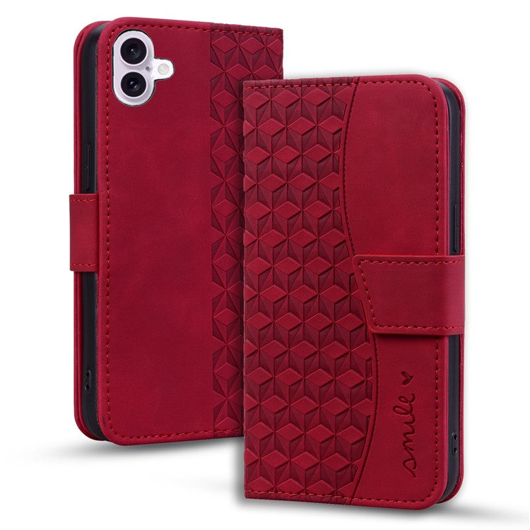 For iPhone 16 Case Rhombus Pattern Leather Phone Cover Wallet Stand Flip - Wine Red