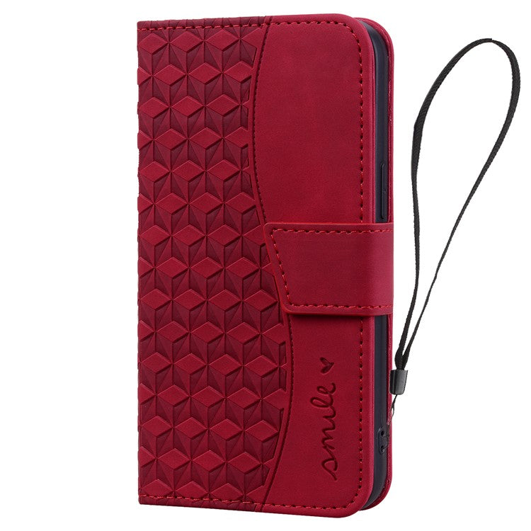 For iPhone 16 Case Rhombus Pattern Leather Phone Cover Wallet Stand Flip - Wine Red