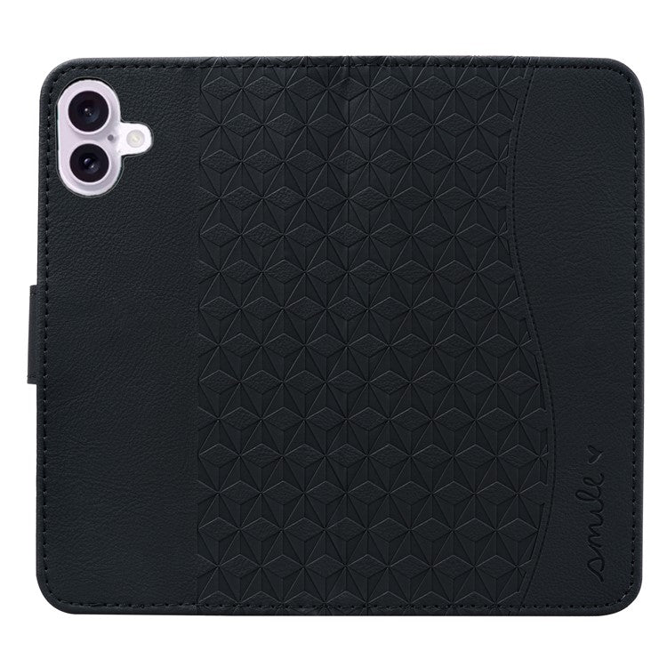 For iPhone 16 Plus Case PU Leather Phone Cover Wrist Strap Rhombus Pattern - Black