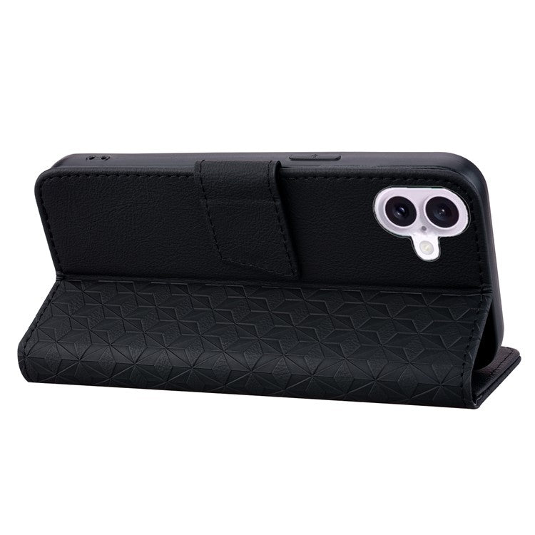 For iPhone 16 Plus Case PU Leather Phone Cover Wrist Strap Rhombus Pattern - Black