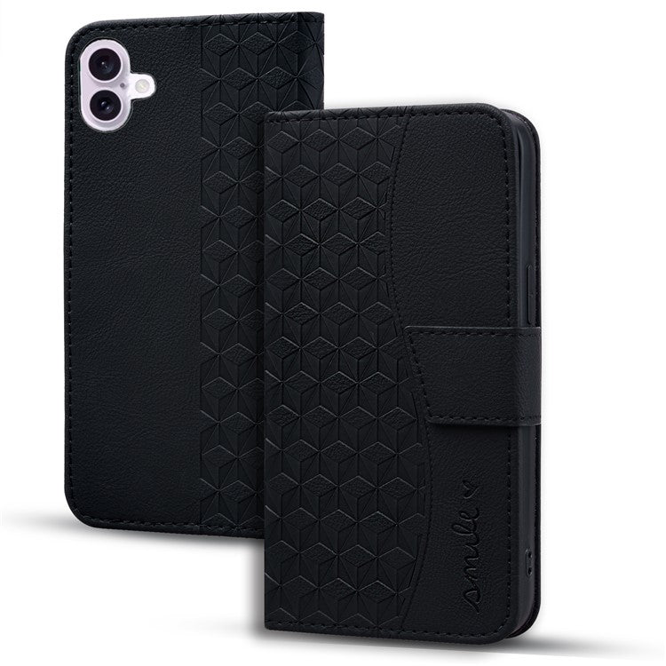 For iPhone 16 Plus Case PU Leather Phone Cover Wrist Strap Rhombus Pattern - Black