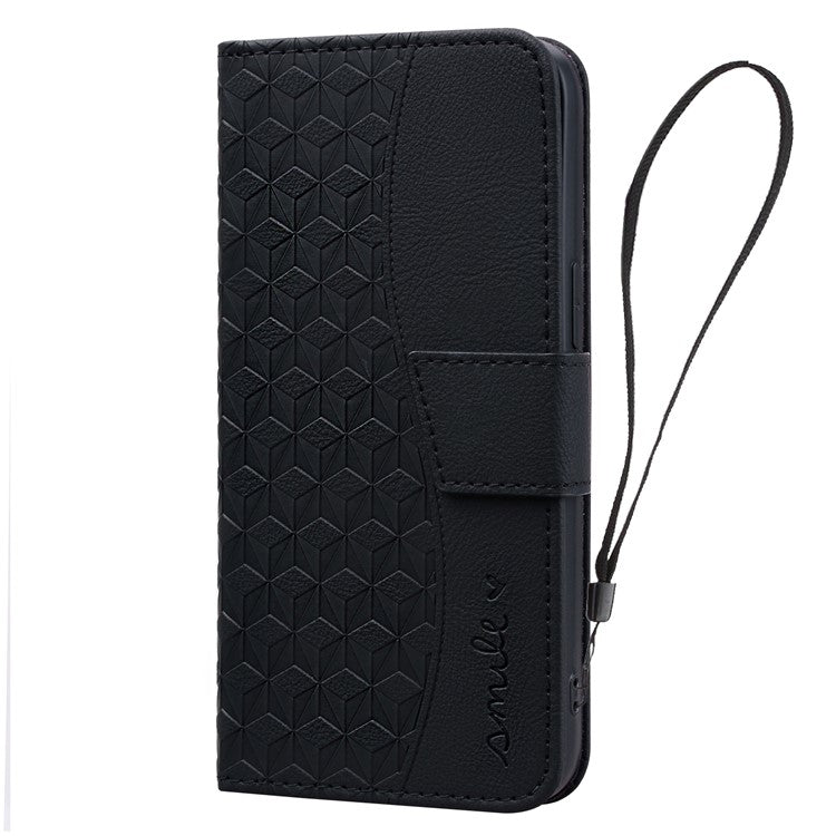 For iPhone 16 Plus Case PU Leather Phone Cover Wrist Strap Rhombus Pattern - Black
