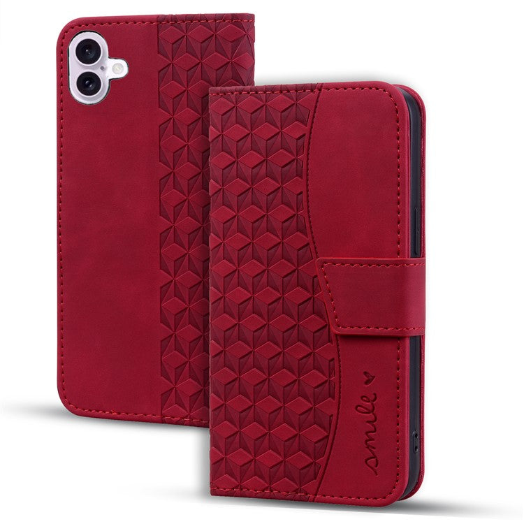 For iPhone 16 Plus Case PU Leather Phone Cover Wrist Strap Rhombus Pattern - Wine Red