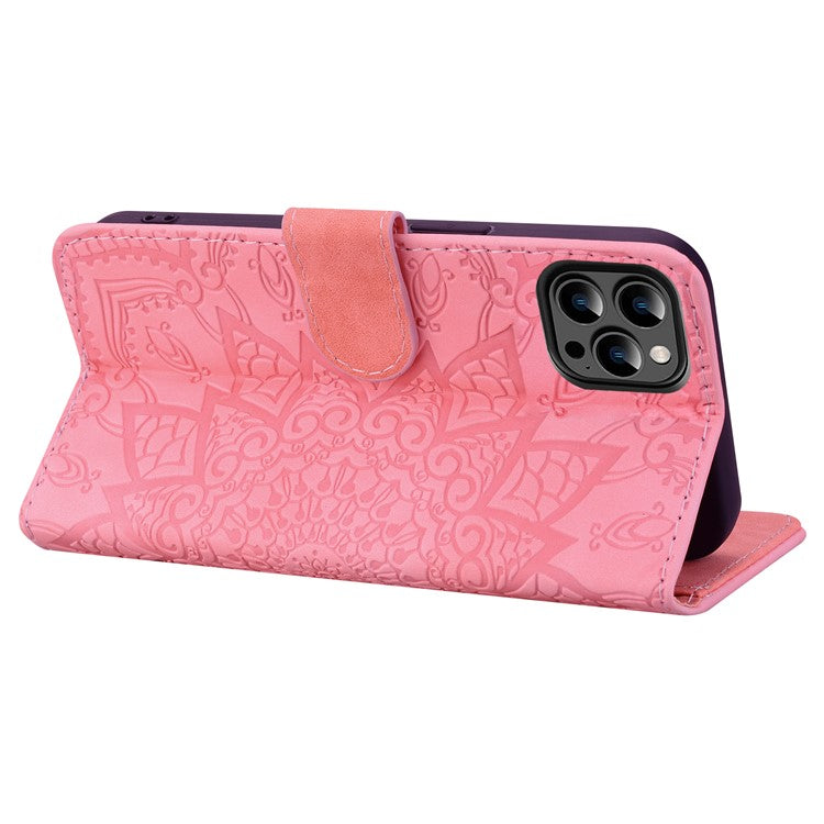 For iPhone 16 Pro Case PU Leather Flower Imprinted Phone Cover Card Slots Viewing Stand - Pink