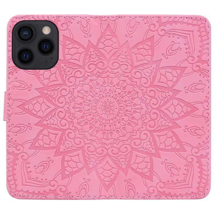 For iPhone 16 Pro Case PU Leather Flower Imprinted Phone Cover Card Slots Viewing Stand - Pink