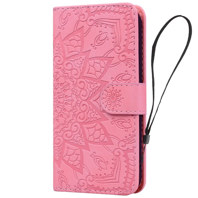 For iPhone 16 Pro Case PU Leather Flower Imprinted Phone Cover Card Slots Viewing Stand - Pink