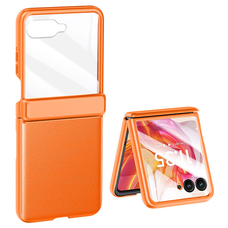 For Motorola Razr 50 Ultra 5G Case Skin-Touch PU Leather Back Cover with Rebound Hinge, Rear Small Screen Protector - Orange