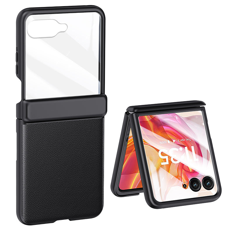 For Motorola Razr 50 Ultra 5G Case Skin-Touch PU Leather Back Cover with Rebound Hinge, Rear Small Screen Protector - Black
