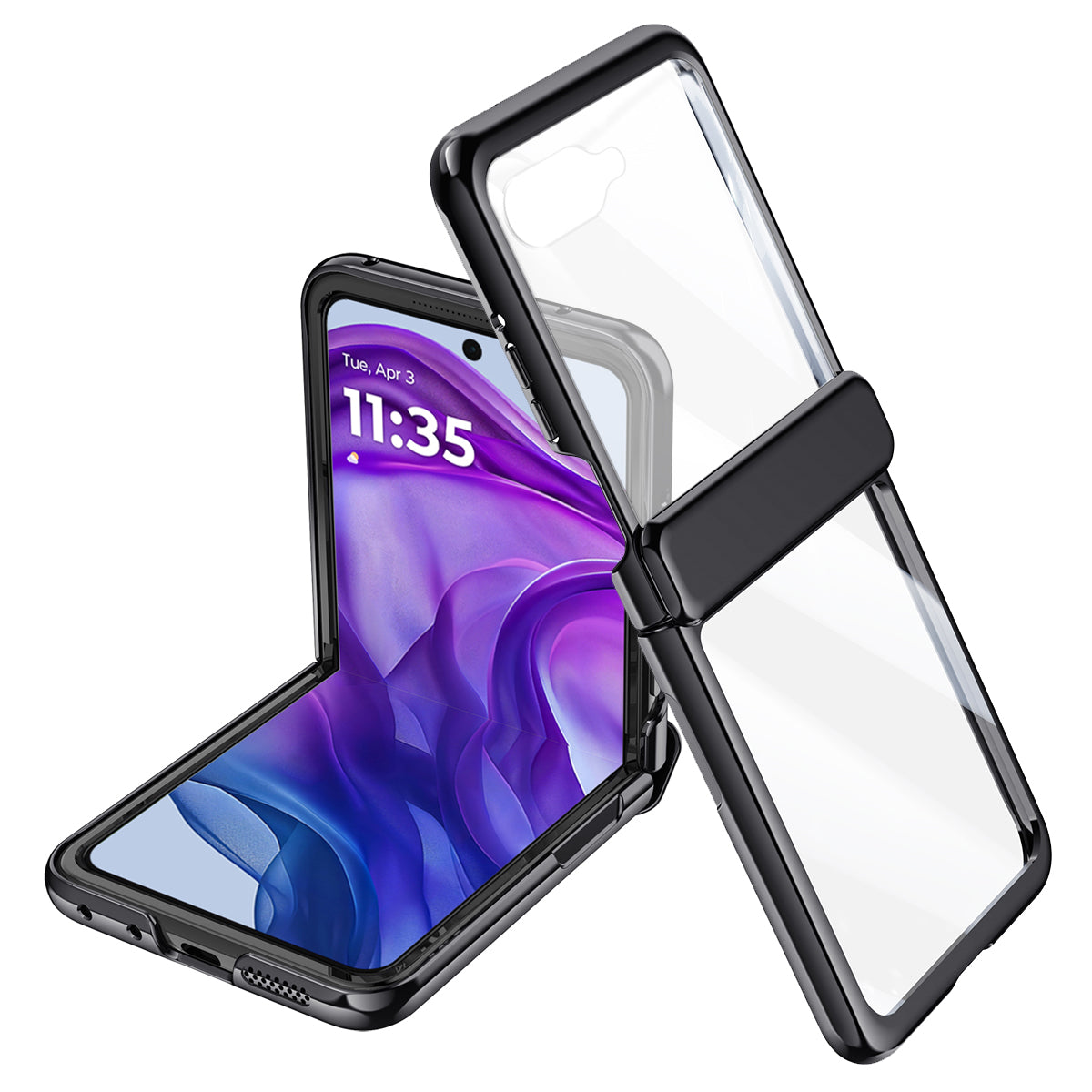 For Motorola Razr 50 Ultra 5G Case Hinge Protection PC+Acrylic Clear Phone Cover with Rear Screen Protector - Black