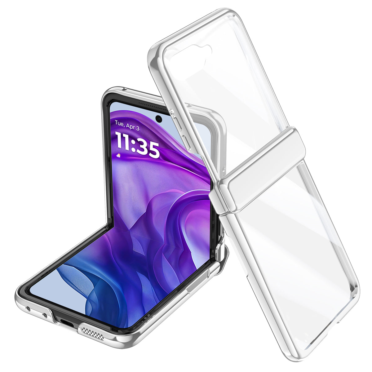 For Motorola Razr 50 Ultra 5G Case Hinge Protection PC+Acrylic Clear Phone Cover with Rear Screen Protector - Silver