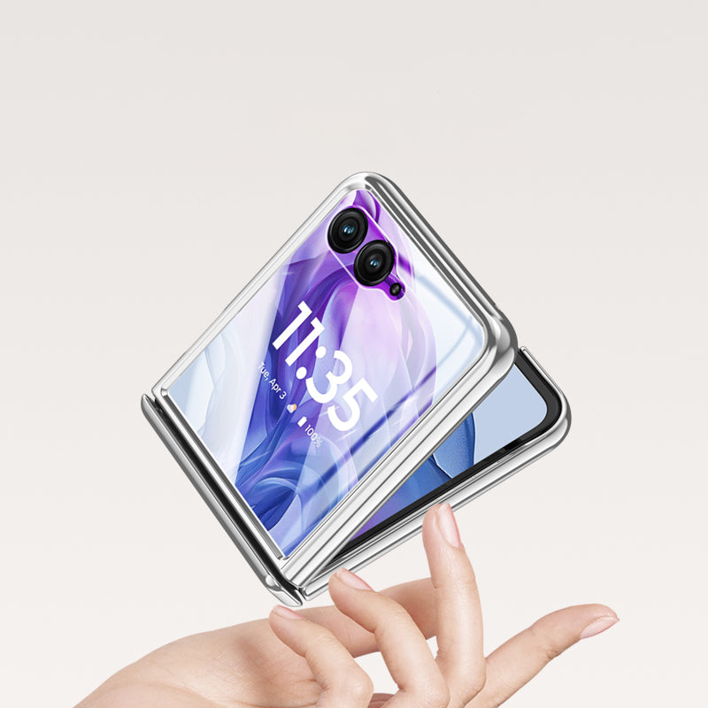 For Motorola Razr 50 Ultra 5G Case Hinge Protection PC+Acrylic Clear Phone Cover with Rear Screen Protector - Silver