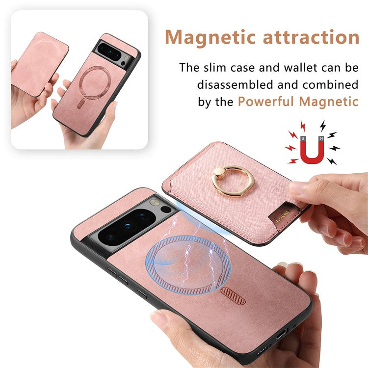 For Google Pixel 8 Pro Magnetic Case Detachable Card Holder Leather+TPU Phone Cover - Rose Gold
