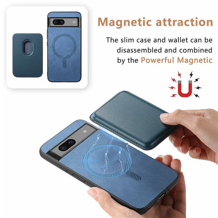 B2 For Google Pixel 7a Magnetic Case Detachable Card Holder Leather+TPU Phone Cover - Blue