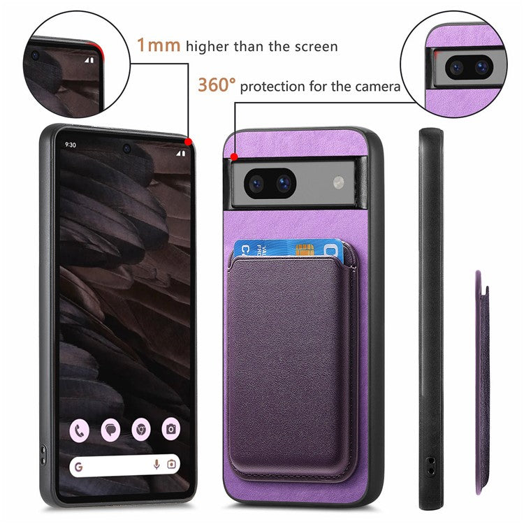 B2 For Google Pixel 7a Magnetic Case Detachable Card Holder Leather+TPU Phone Cover - Purple