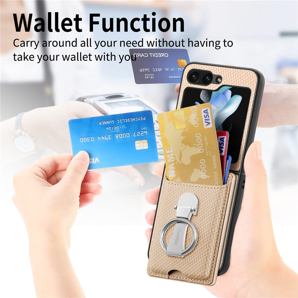 For Samsung Galaxy Z Flip7 FE 5G / Z Flip6 5G Case Kickstand Card Holder Leather+PC Phone Cover - Khaki