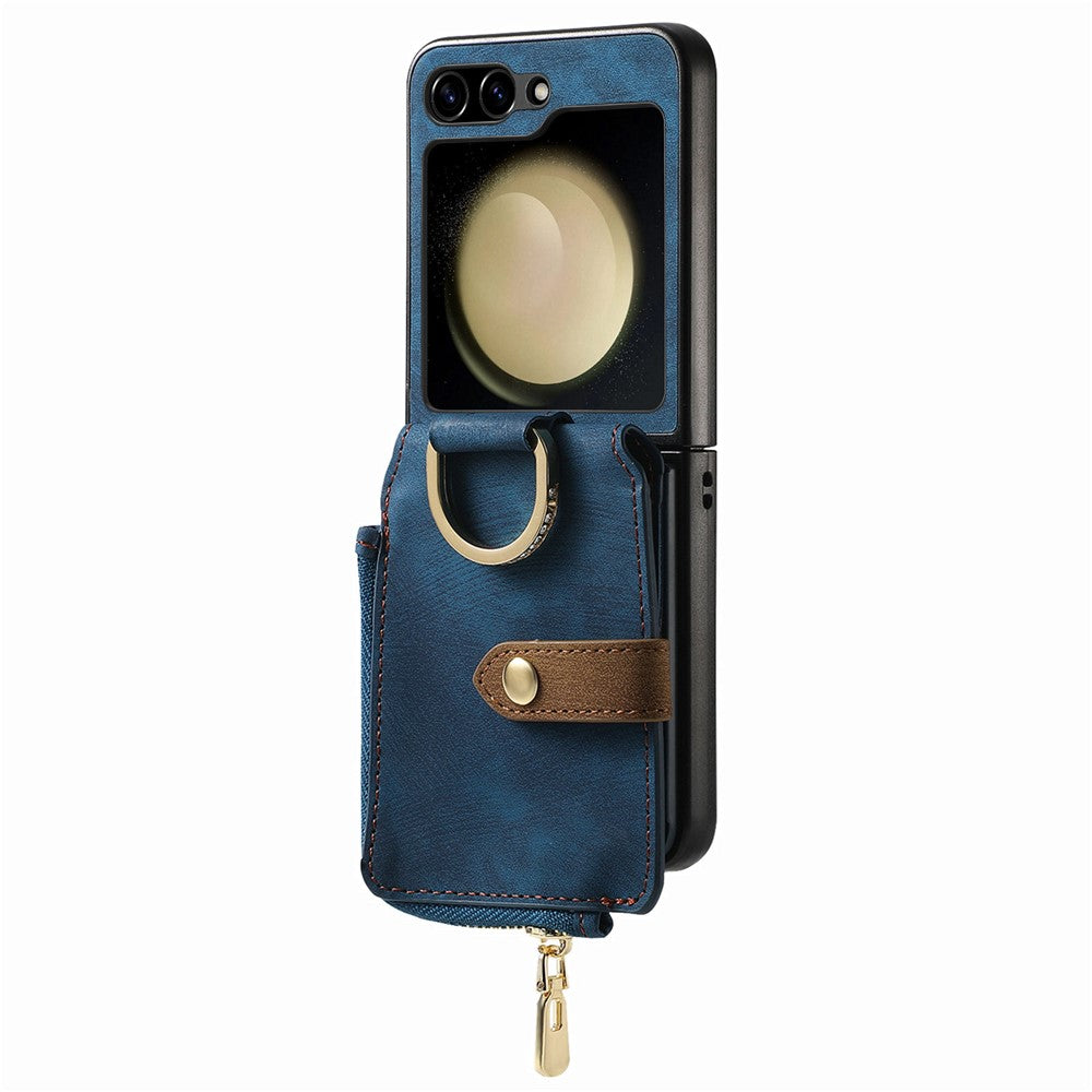 For Samsung Galaxy Z Flip7 FE 5G / Z Flip6 5G Case Zipper Pocket Finger Ring Retro Leather+PC Phone Cover - Blue