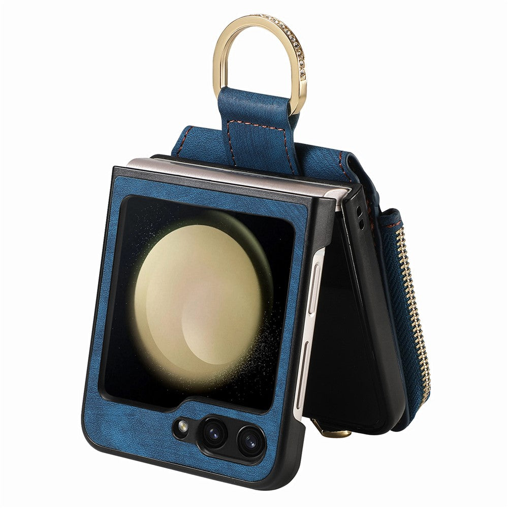 For Samsung Galaxy Z Flip7 FE 5G / Z Flip6 5G Case Zipper Pocket Finger Ring Retro Leather+PC Phone Cover - Blue