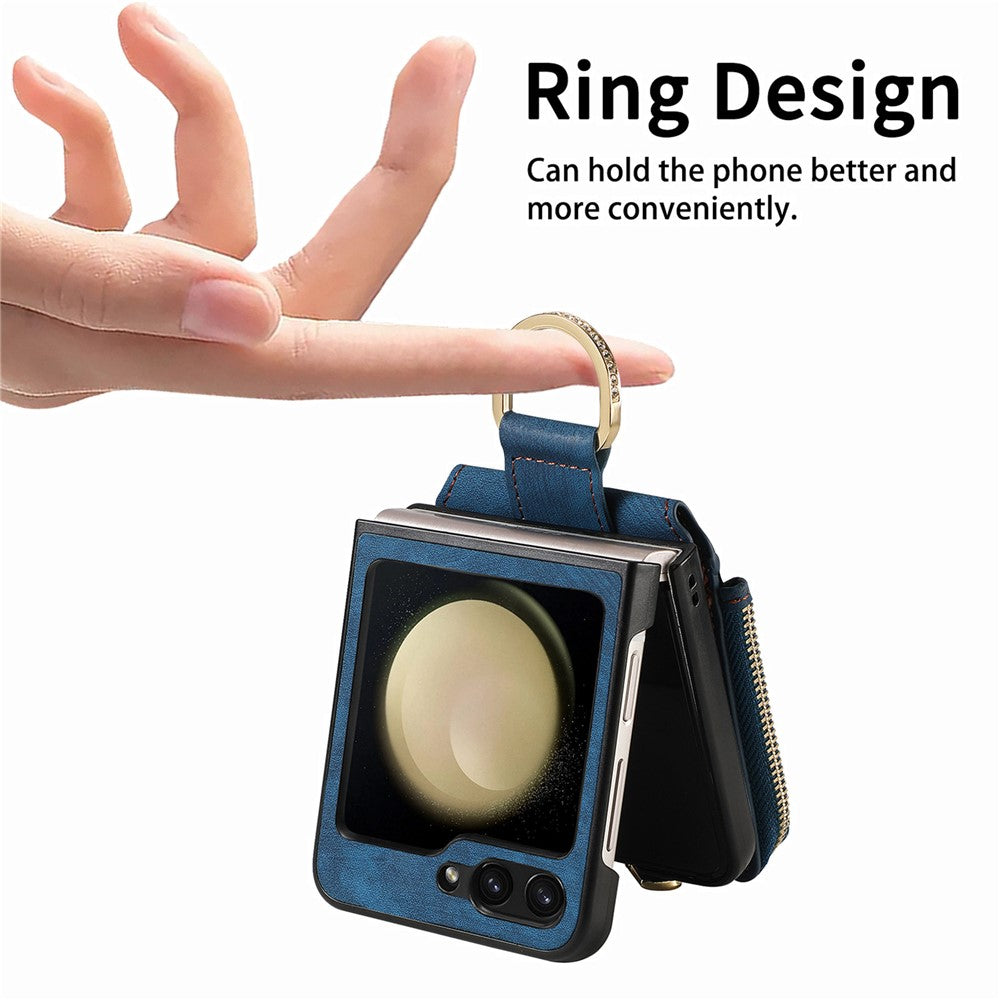 For Samsung Galaxy Z Flip7 FE 5G / Z Flip6 5G Case Zipper Pocket Finger Ring Retro Leather+PC Phone Cover - Blue