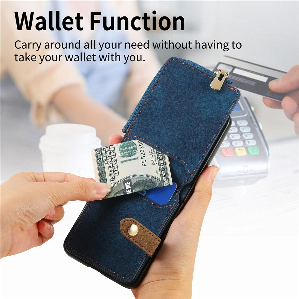 For Samsung Galaxy Z Flip7 FE 5G / Z Flip6 5G Case Zipper Pocket Finger Ring Retro Leather+PC Phone Cover - Blue