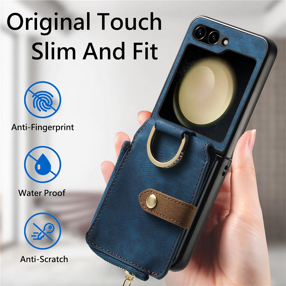 For Samsung Galaxy Z Flip7 FE 5G / Z Flip6 5G Case Zipper Pocket Finger Ring Retro Leather+PC Phone Cover - Blue