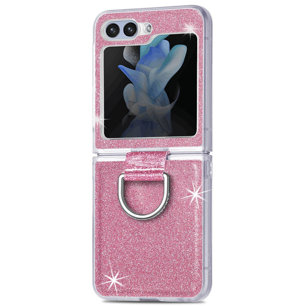 For Samsung Galaxy Z Flip7 FE 5G / Z Flip6 5G Case Leather+PC Glitter Phone Cover Rhinestone Ring Holder - Pink