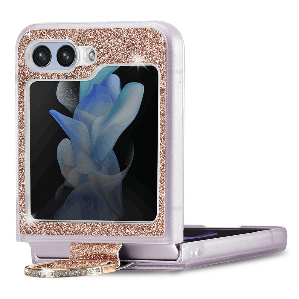 For Samsung Galaxy Z Flip7 FE 5G / Z Flip6 5G Case Leather+PC Glitter Phone Cover Rhinestone Ring Holder - Gold