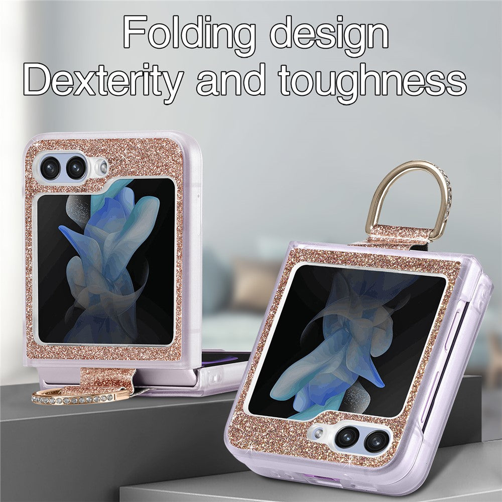 For Samsung Galaxy Z Flip7 FE 5G / Z Flip6 5G Case Leather+PC Glitter Phone Cover Rhinestone Ring Holder - Gold