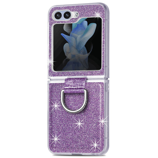 For Samsung Galaxy Z Flip7 FE 5G / Z Flip6 5G Case Leather+PC Glitter Phone Cover Rhinestone Ring Holder - Purple